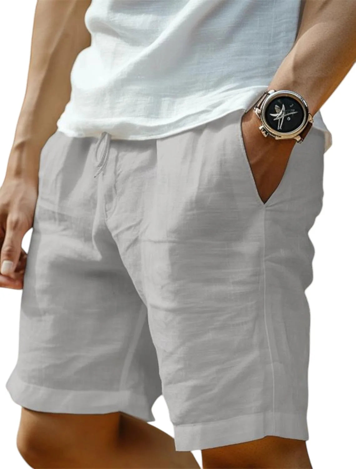 Light grey linen-blend shorts shown at the hip with drawstring tie and deep side pocket detail