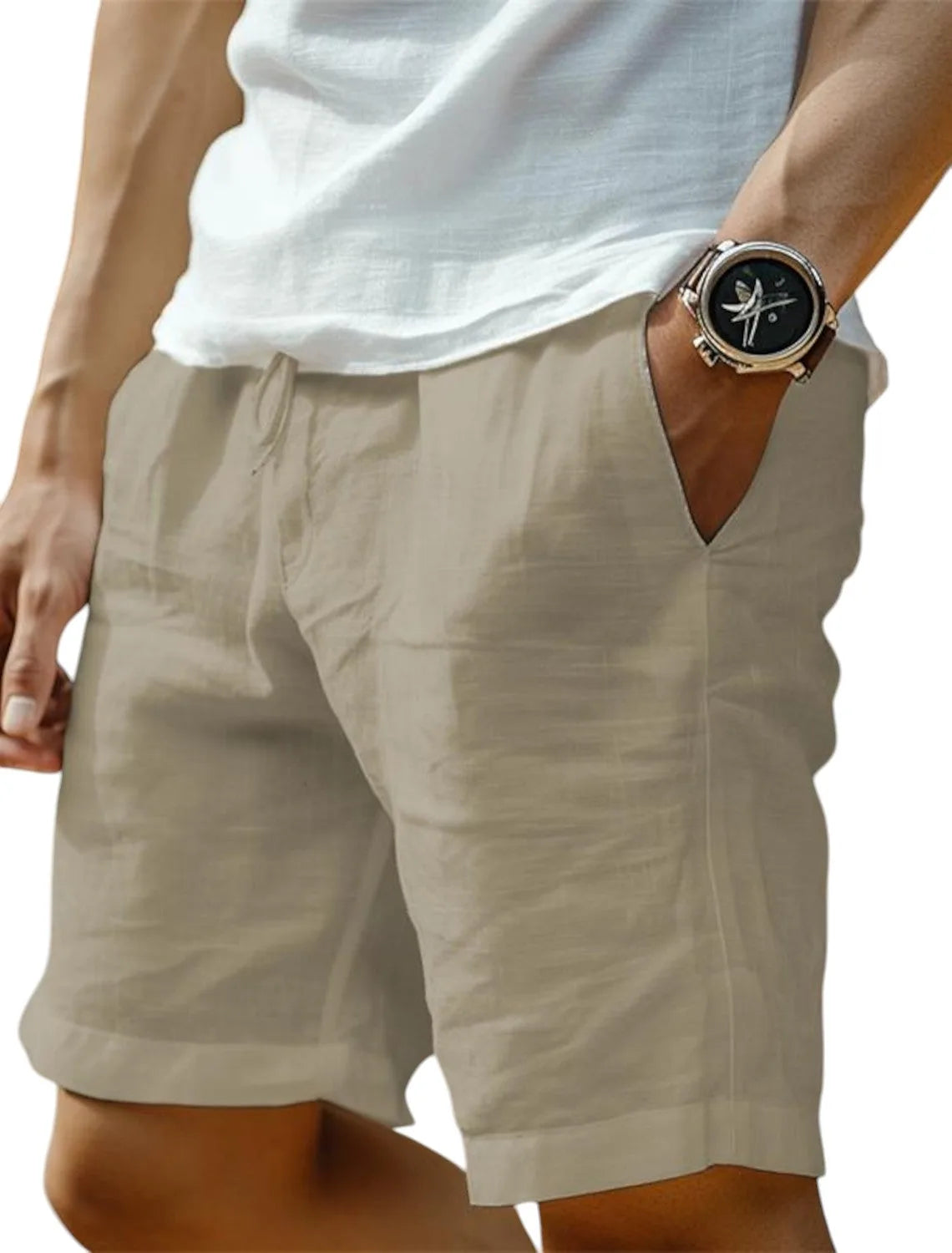 Khaki linen-blend shorts worn with a white top, showing the relaxed drawstring waistband