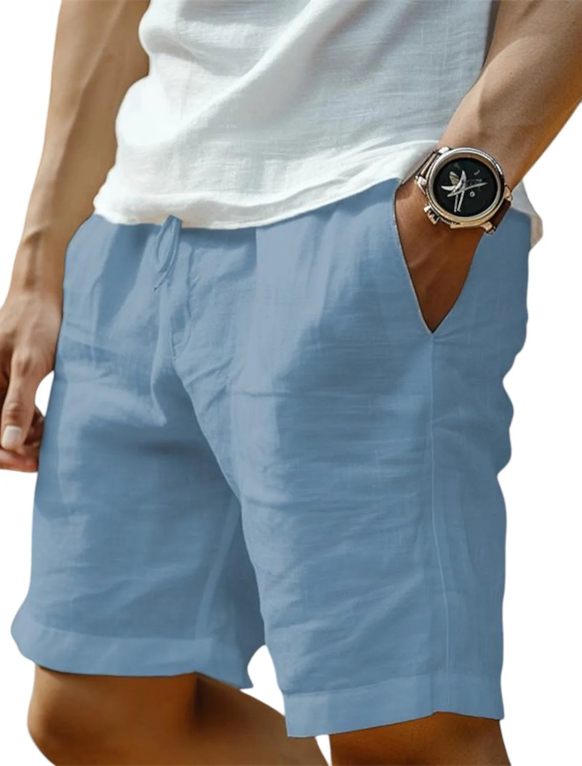 Dusty blue linen-blend shorts with visible side seam and drawstring closure at the waist