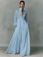 Pale blue long-sleeve shirt dress with stand collar, pintuck bodice and relaxed A-line maxi skirt