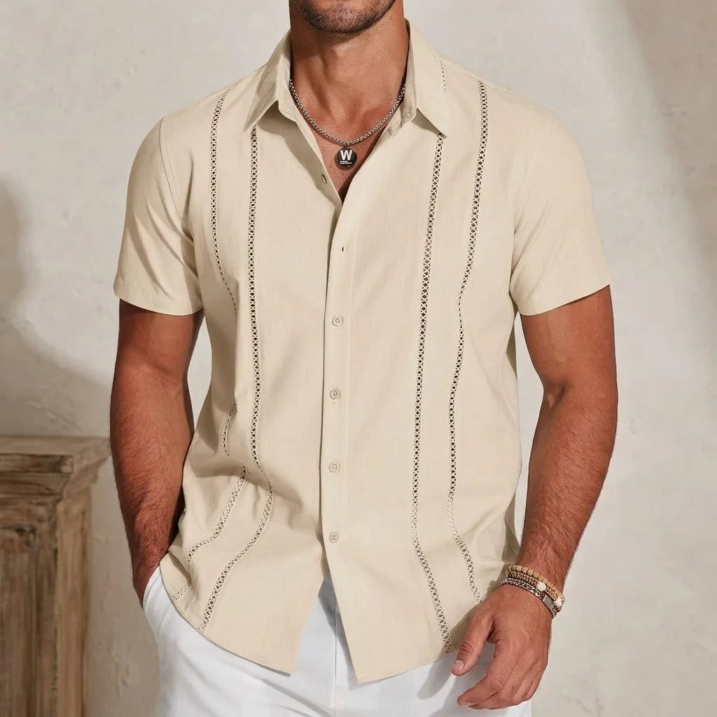 Duncan | Men's Linen Guayabera Shirt with Crochet Trim