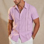 Lilac purple guayabera shirt shown buttoned with visible crochet stripe detail and layered bracelets