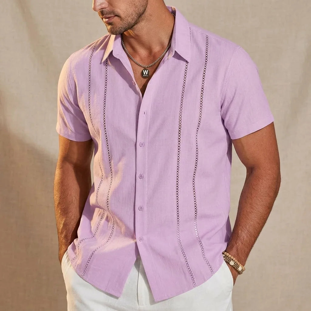 Lilac purple guayabera shirt shown buttoned with visible crochet stripe detail and layered bracelets