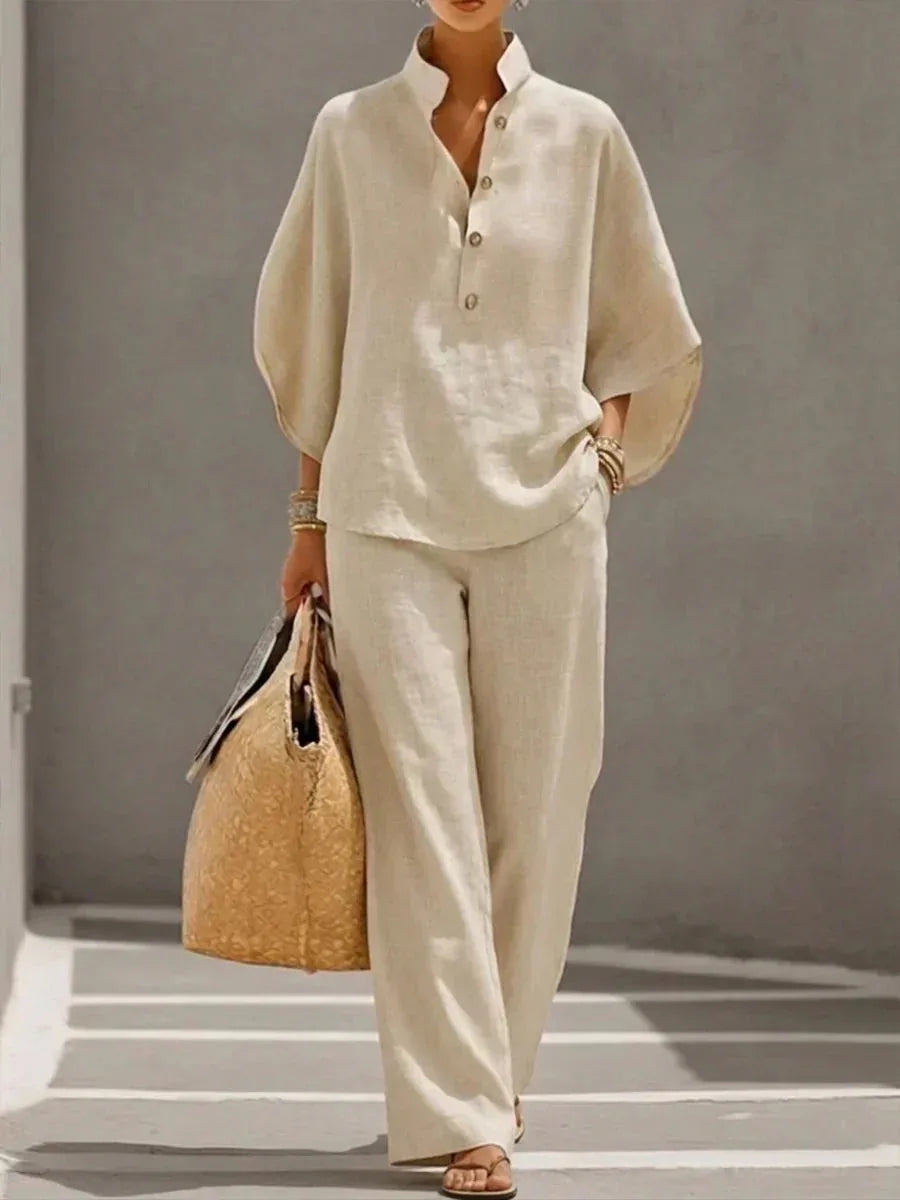Temperance | Linen-Look Batwing Sleeve Set with Wide Leg Pants for Women