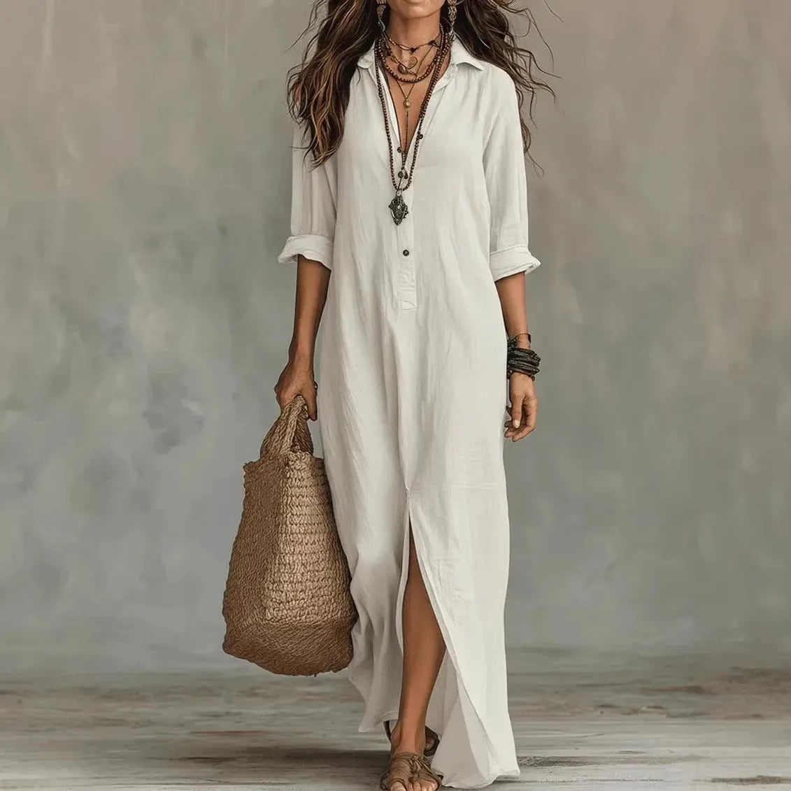 Woman in a long white linen-look shirt dress with rolled three-quarter sleeves, holding a woven straw tote bag