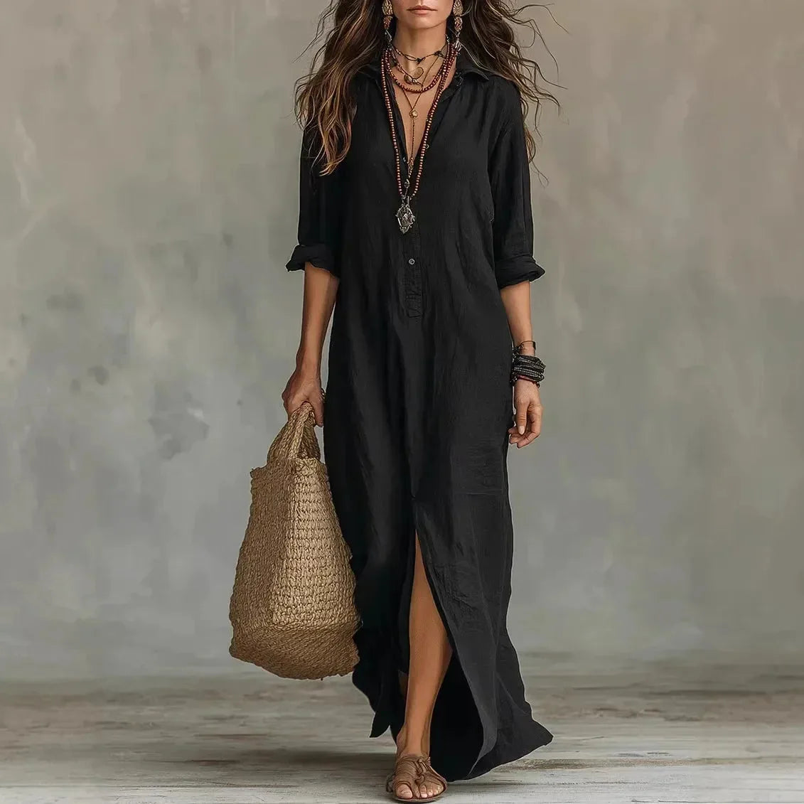 Hannah | Linen-Look Maxi Shirt Dress for Women