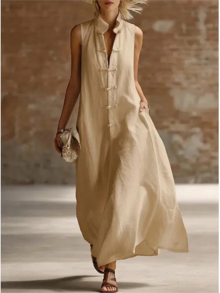 Khaki linen-style maxi dress with mandarin collar, relaxed A-line shape falling to the ankle