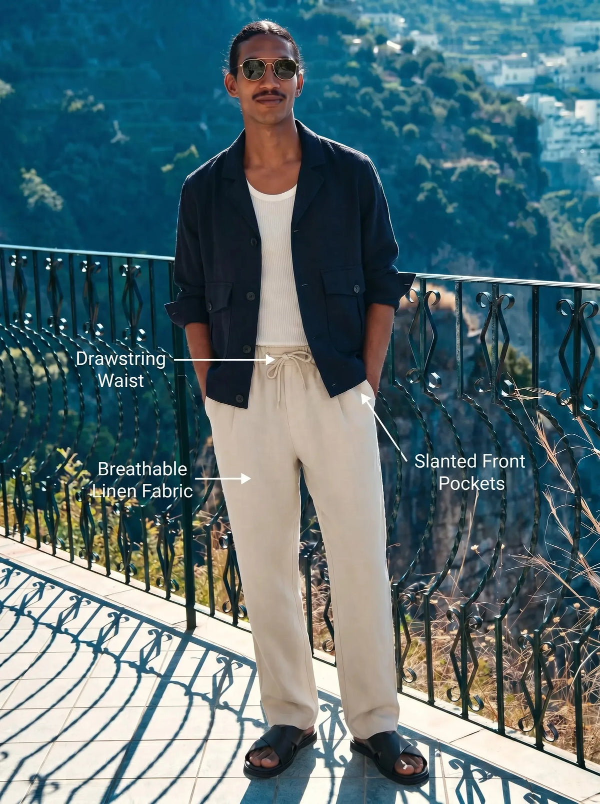 Styled infographic showing drawstring waist, breathable linen fabric and slanted front pockets on beige trousers