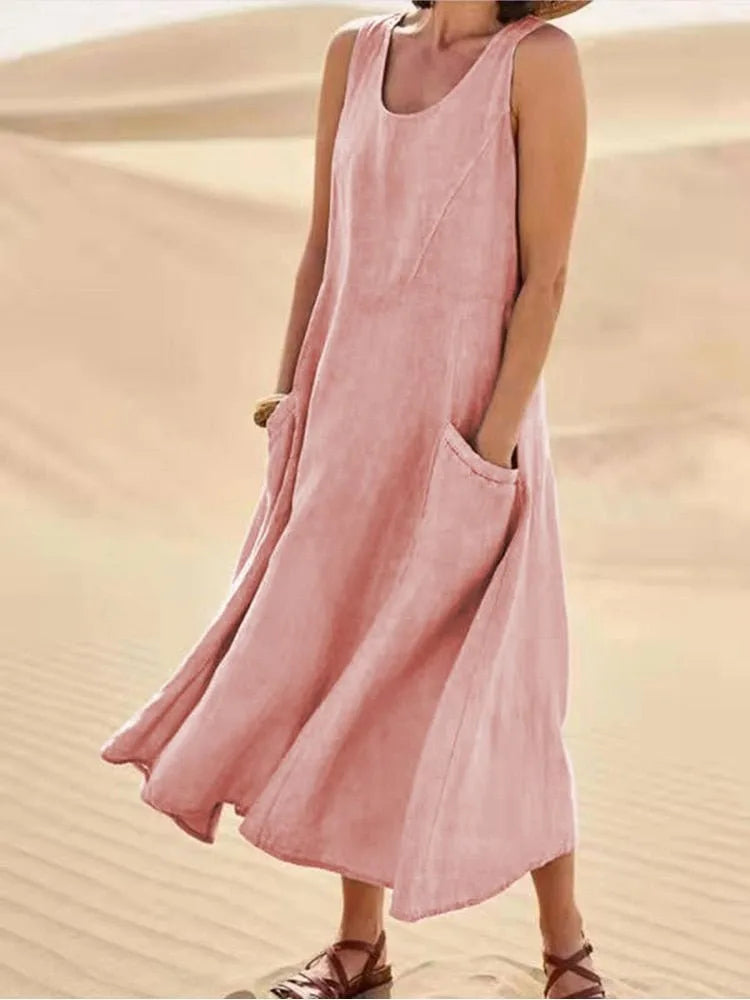 Stella | Linen Scoop-Neck Sleeveless Midi Dress with Pockets for Women