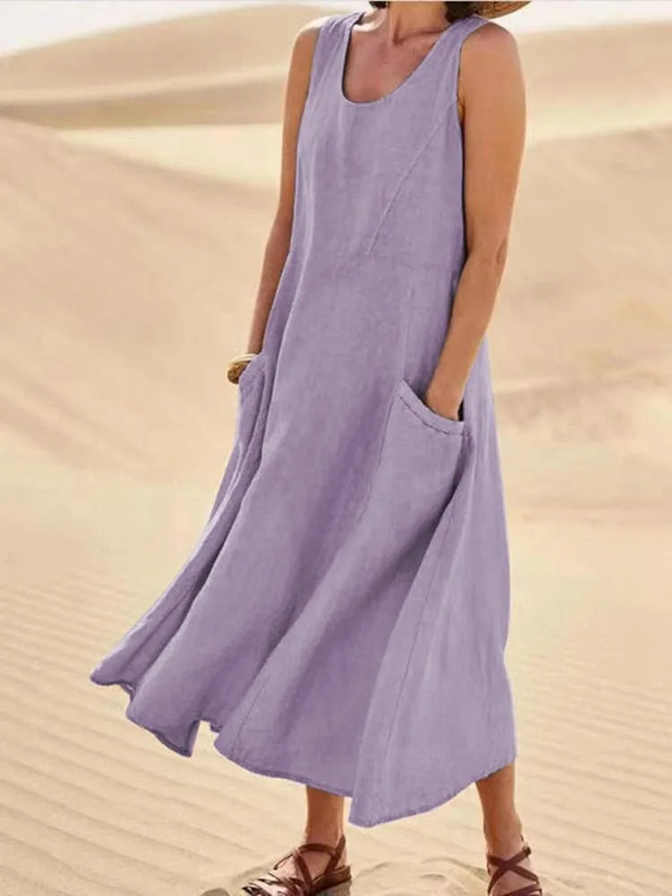 Light purple linen sleeveless midi dress showing relaxed fit and scoop neckline close up