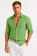 Close-up of the shirt's collar and button closure, highlighting the natural linen weave and stitching detail.