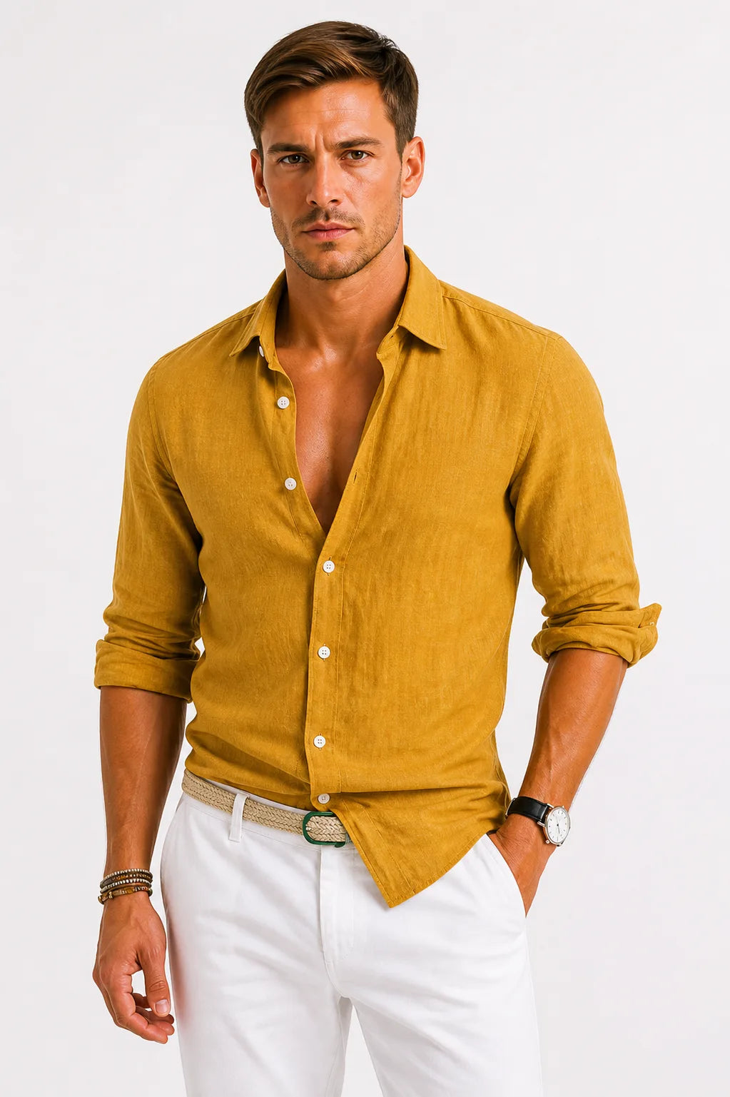 Front-facing view of a linen shirt showing the button placket detail and fabric drape against a plain background.