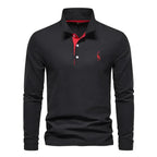 Front view of black long-sleeve polo shirt with red button placket trim and small red giraffe logo on chest