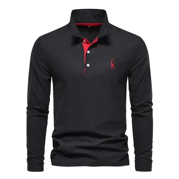 Front view of black long-sleeve polo shirt with red button placket trim and small red giraffe logo on chest