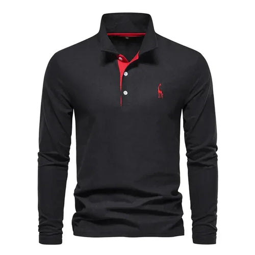 Front view of black long-sleeve polo shirt with red button placket trim and small red giraffe logo on chest