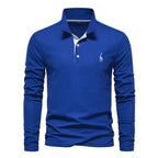 Blue long-sleeve polo shirt with white under-collar trim and white giraffe embroidery on chest