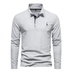 Grey marle long-sleeve polo shirt with contrast navy placket and dark giraffe logo detail