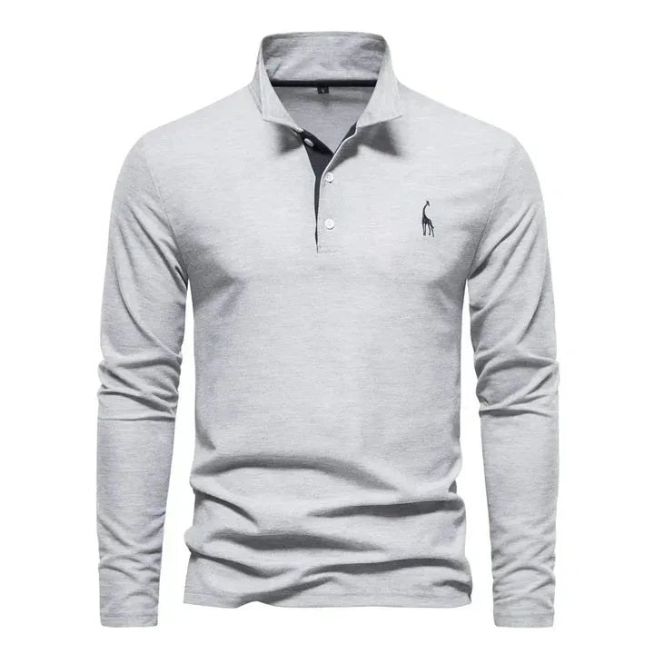 Grey marle long-sleeve polo shirt with contrast navy placket and dark giraffe logo detail