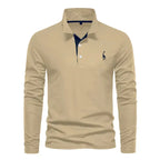 Khaki long-sleeve polo shirt with navy under-collar trim and navy giraffe embroidery on chest