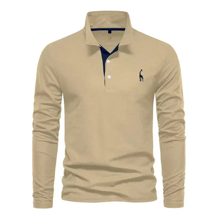 Khaki long-sleeve polo shirt with navy under-collar trim and navy giraffe embroidery on chest