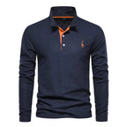 Navy long-sleeve polo shirt with orange button placket trim and orange giraffe logo on chest