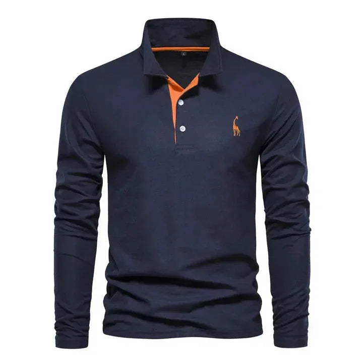 Navy long-sleeve polo shirt with orange button placket trim and orange giraffe logo on chest