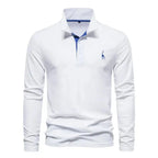 White long-sleeve polo shirt with blue under-collar trim and blue giraffe embroidery on chest