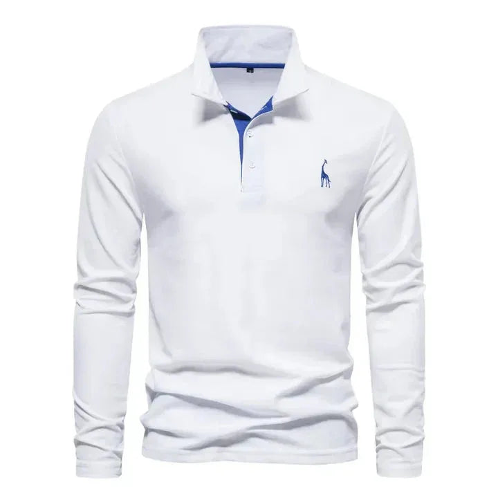 White long-sleeve polo shirt with blue under-collar trim and blue giraffe embroidery on chest
