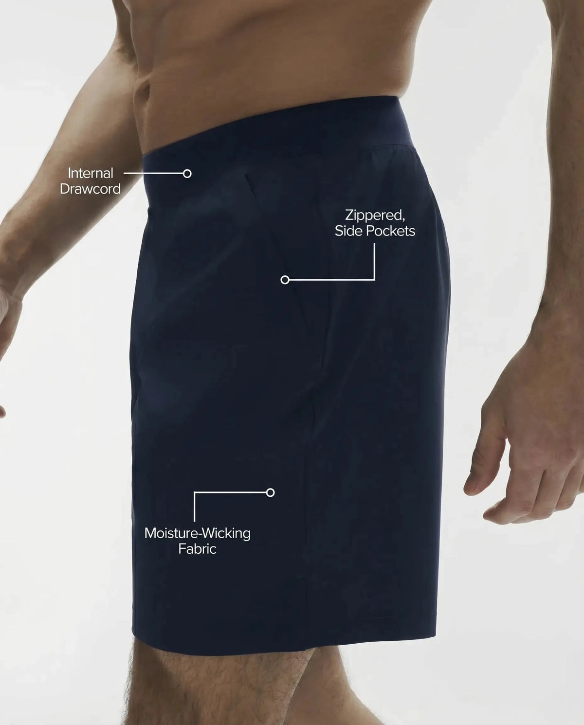 Diagram highlighting internal drawcord, zippered side pockets and moisture-wicking fabric on navy active shorts