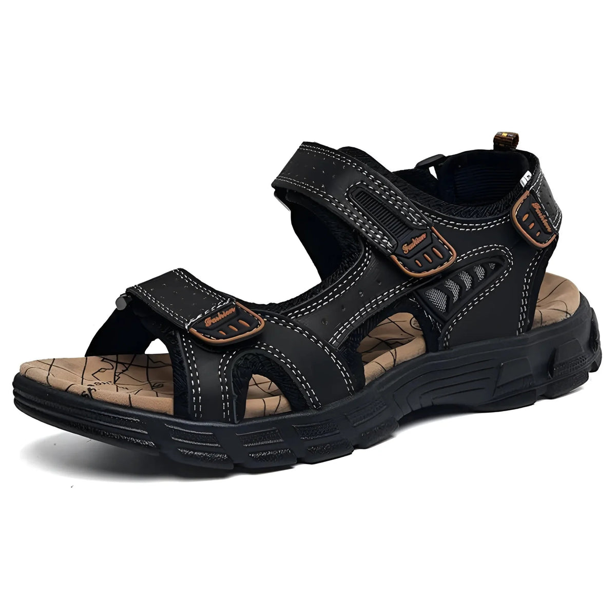 Angled view of black leather sandal with triple hook-and-loop straps, mesh side panels and chunky black cushioned outsole