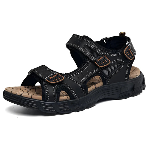 Angled view of black leather sandal with triple hook-and-loop straps, mesh side panels and chunky black cushioned outsole