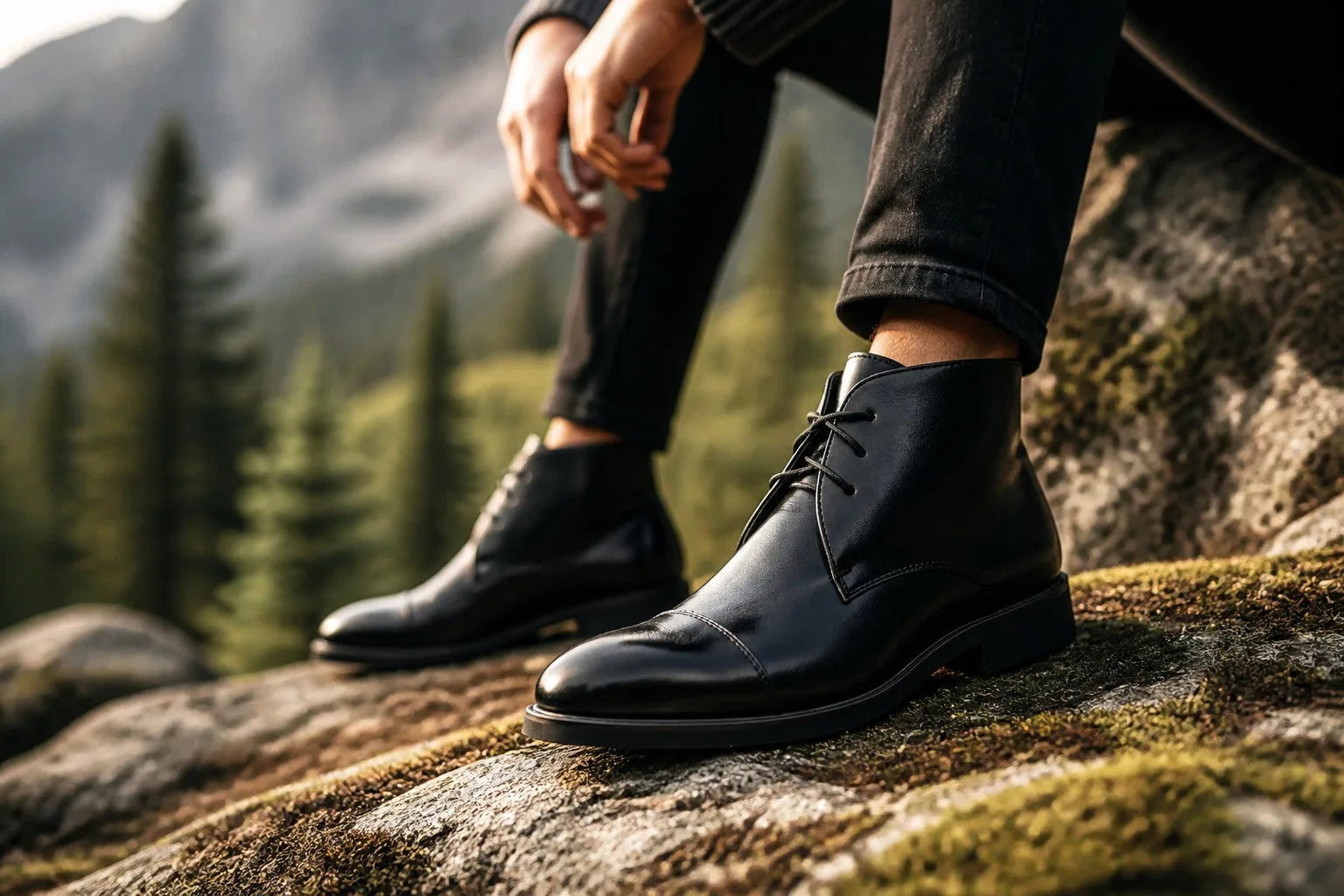 Close-up of a man wearing black leather chukka boots while sitting on a mossy rock outdoors