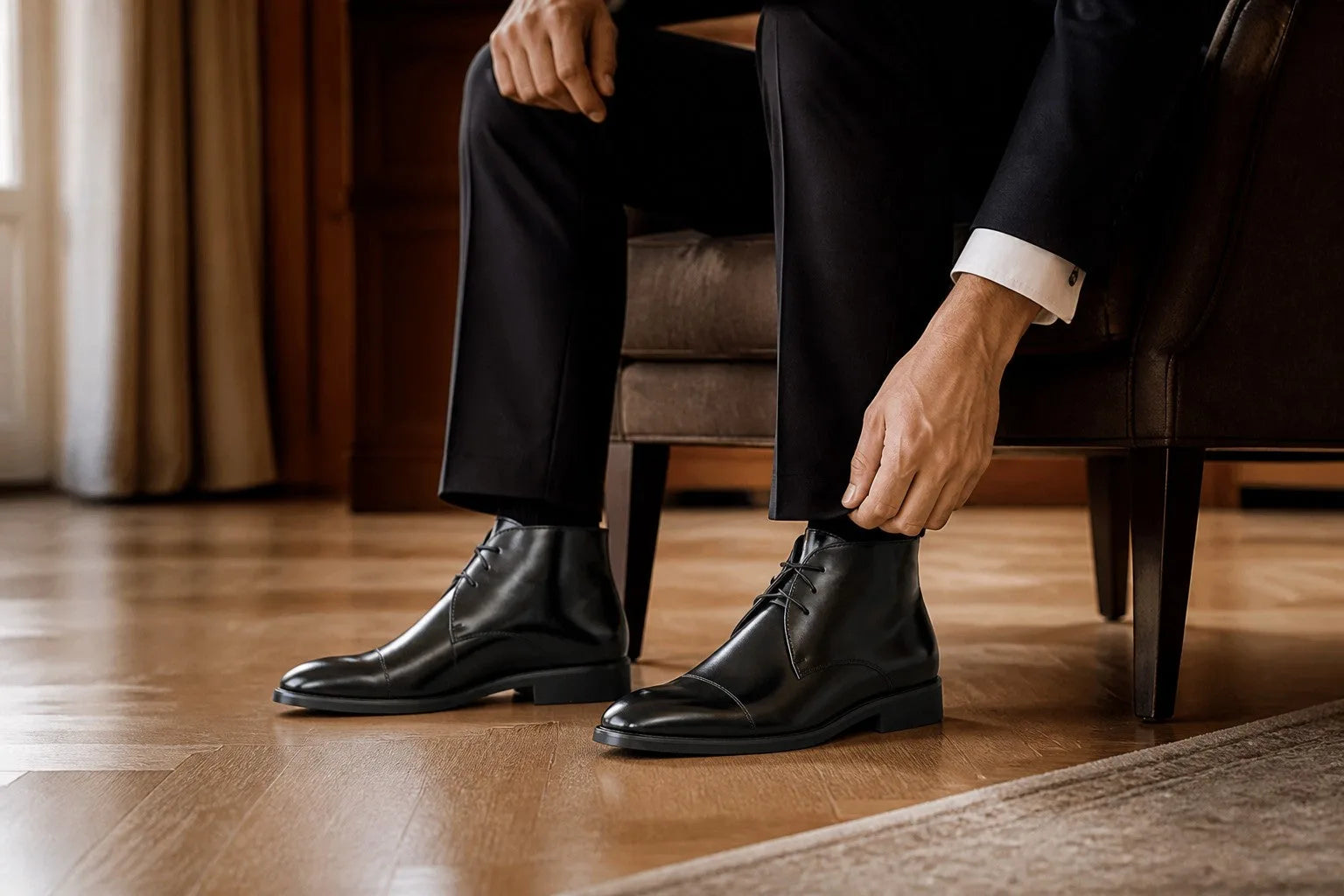 Man in a black suit adjusting his trousers while wearing black leather lace-up chukka boots indoors