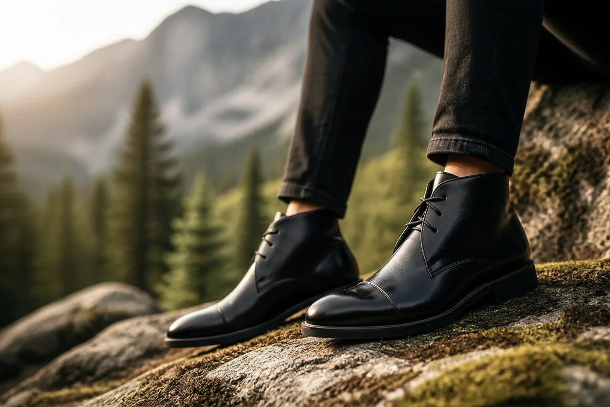 Close-up profile of black leather chukka boots worn outdoors with a mountain forest backdrop