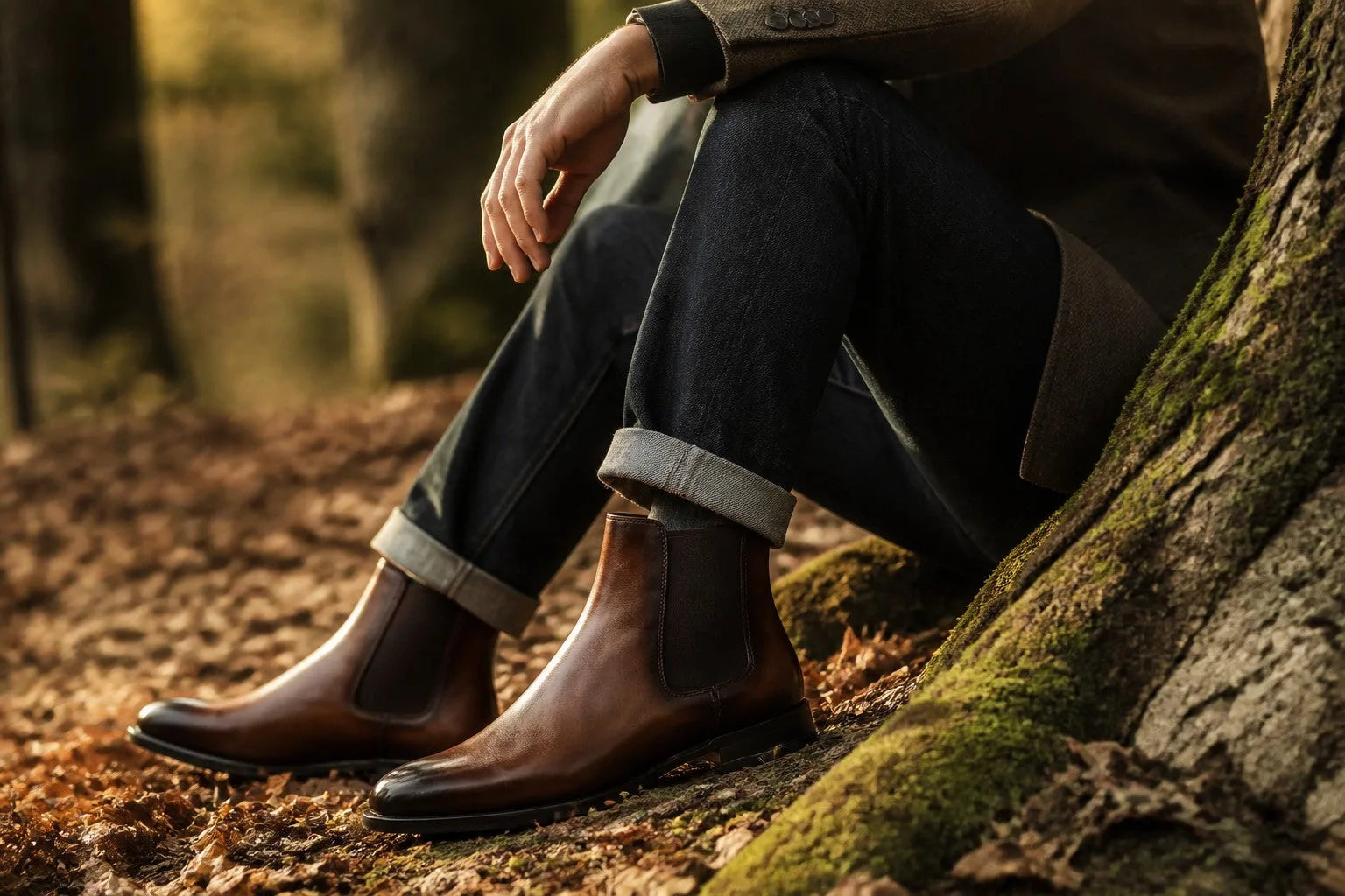 Man wearing brown leather Chelsea boots with cuffed jeans, seated outdoors near a tree