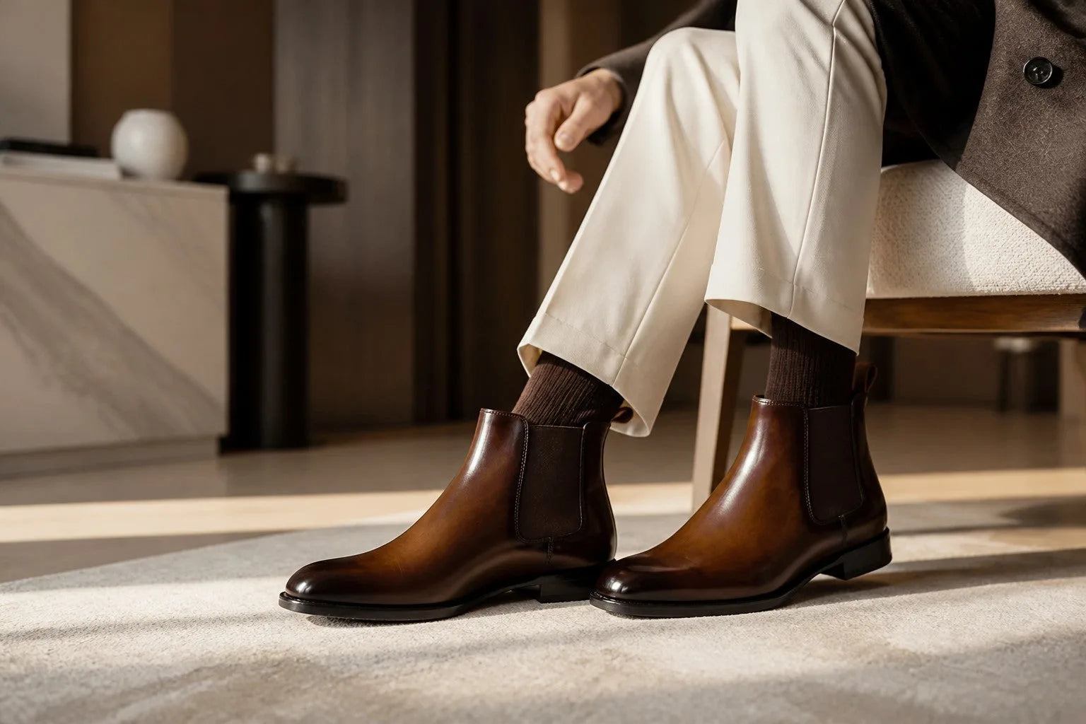 Close-up of brown leather Chelsea boots worn with cream trousers and brown socks indoors