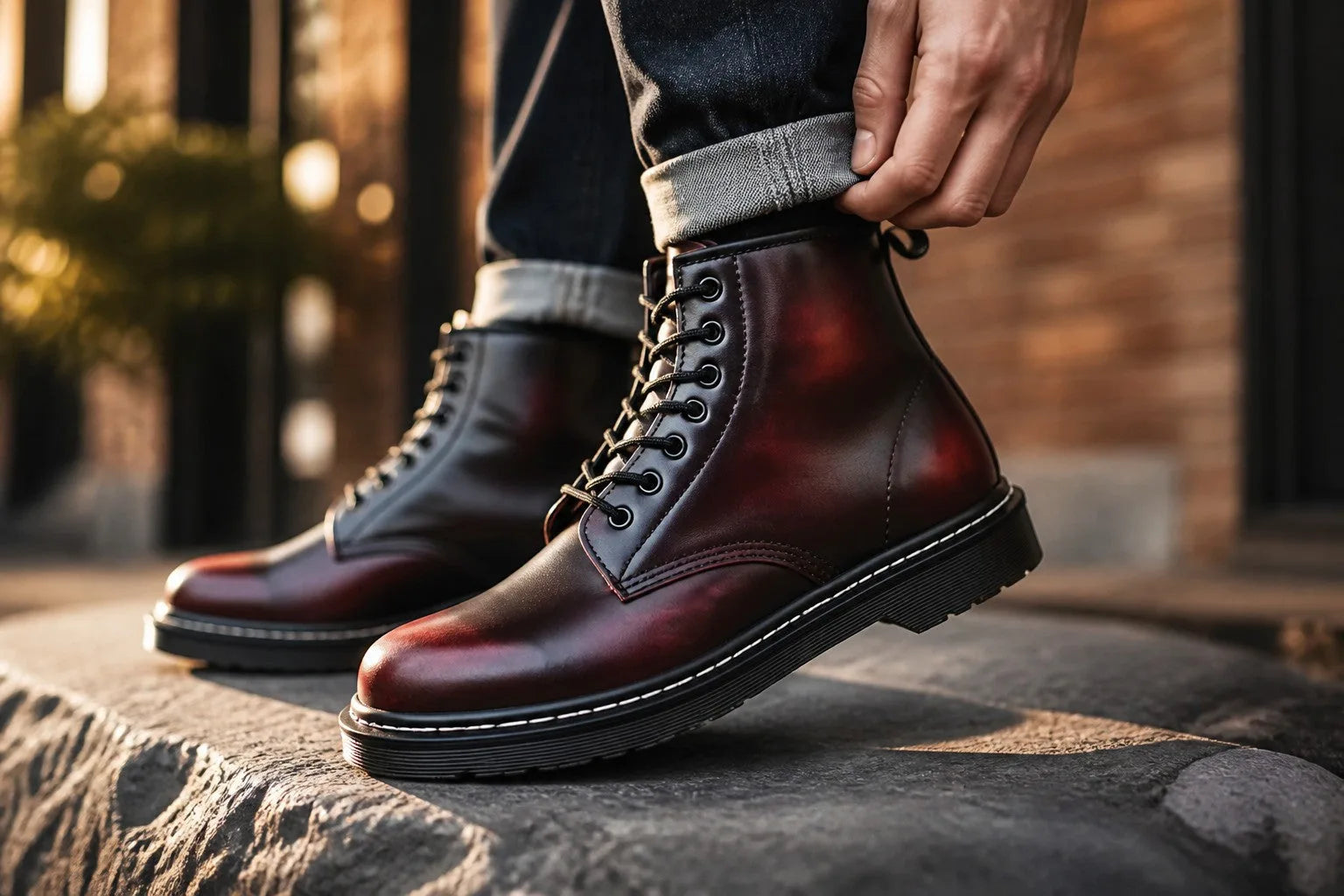 Close-up of burgundy leather combat boots worn with cuffed denim, highlighting the smooth leather sheen and stitched sole.
