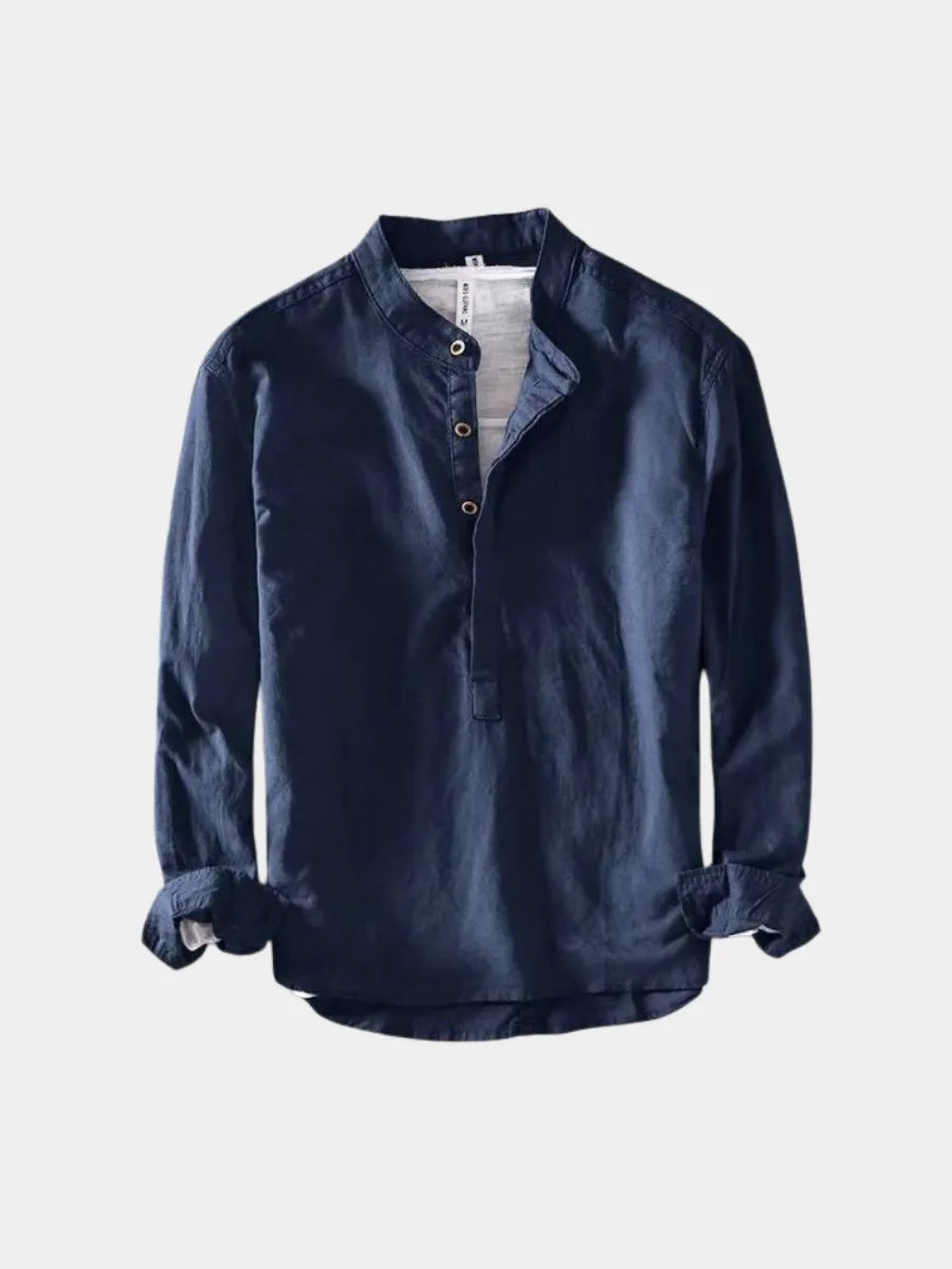 Navy blue collarless linen shirt, flat lay view showing front button placket and relaxed cut