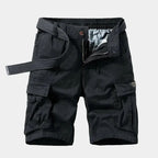Black cargo shorts laid flat, front view, highlighting zip fly, button tab and flap pockets