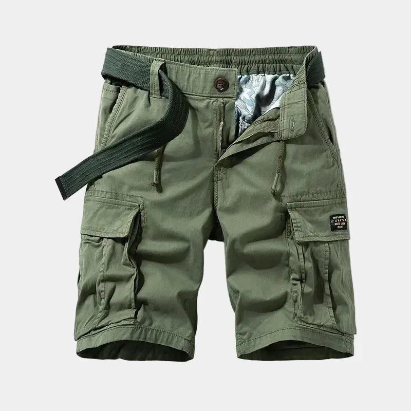 Military green cargo shorts laid flat, front view, with webbing belt and twin flap cargo pockets