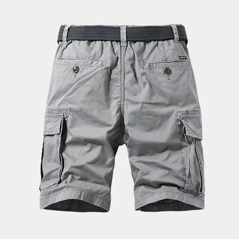Grey cargo shorts laid flat, back view, showing twin back pockets and elasticated waistband