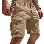 Side angle of khaki cargo shorts showing the deep side cargo pocket, stitched seams and zip fly waistband detail
