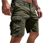 Dark green cargo shorts shown from the side, highlighting the cargo pocket flap and relaxed knee-length fit