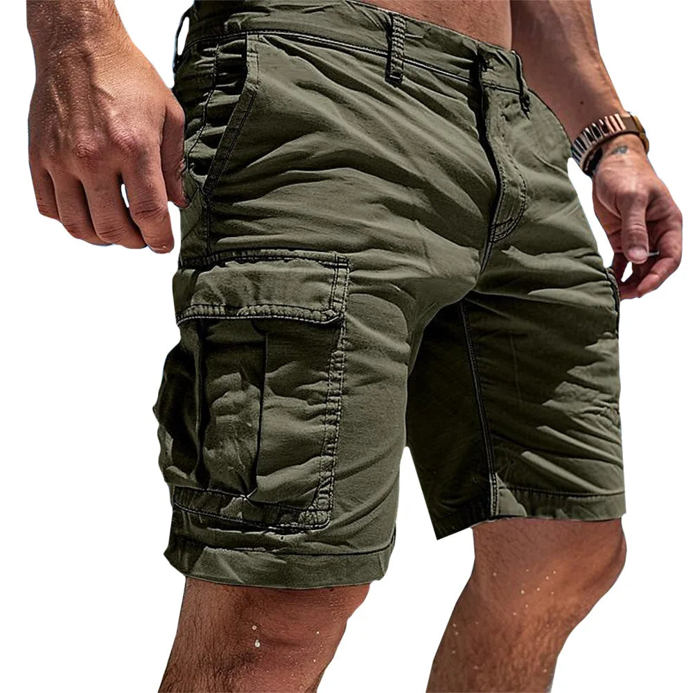 Dark green cargo shorts shown from the side, highlighting the cargo pocket flap and relaxed knee-length fit
