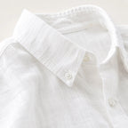 Close-up of the white shirt's collar and mother-of-pearl buttons showing the woven linen texture