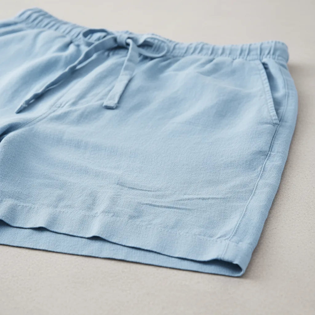 Folded light blue shorts on a flat surface showing the hem, drawstring tie and relaxed leg shape