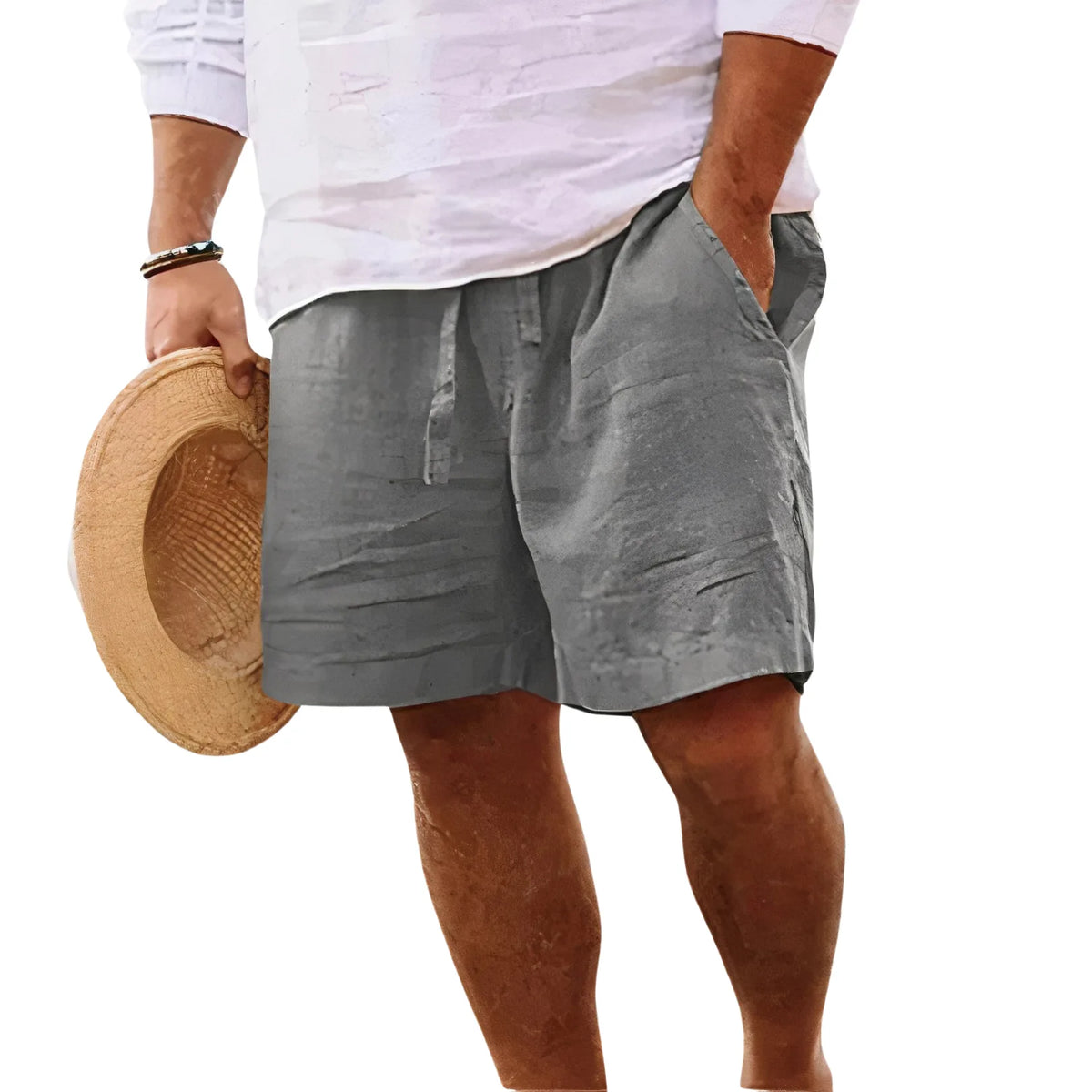 Close-up of the elastic waistband and drawstring cord detail on a pair of shorts