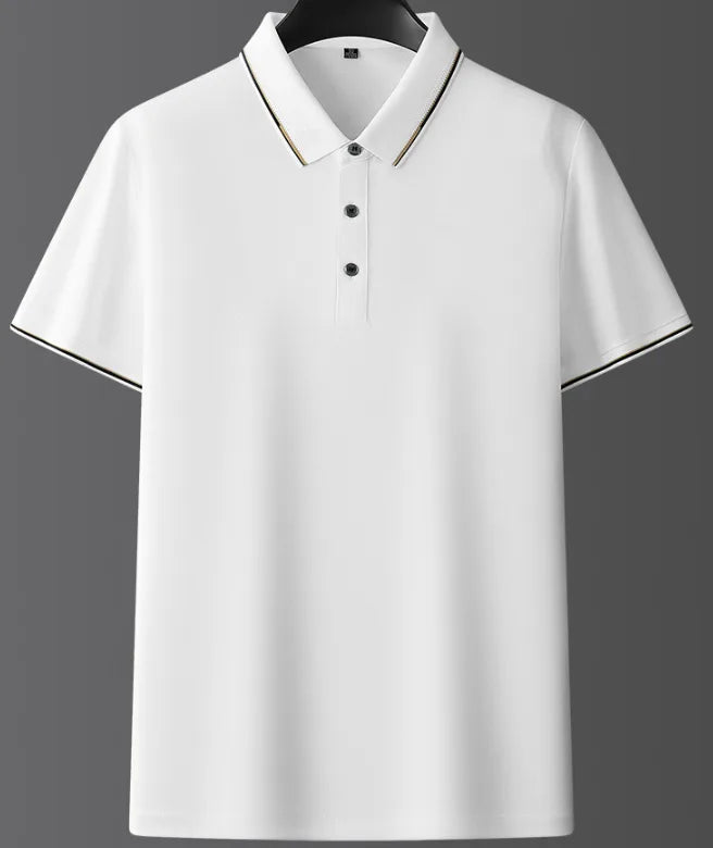 Front view of white polo shirt on a hanger showing three-button placket and tipped collar