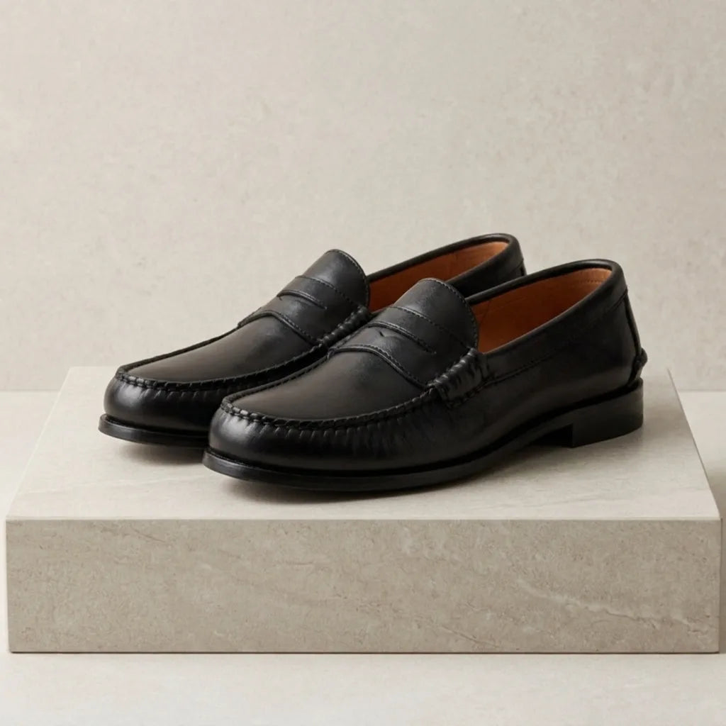 Side view of black leather penny loafers with hand-stitched moc toe and tan leather lining, shown on a stone pedestal.