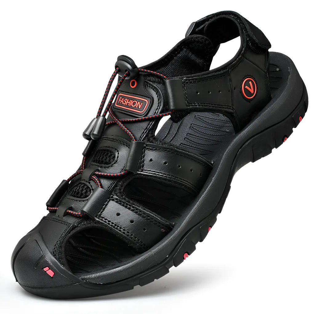 Black leather closed-toe sandal with red accent stitching and durable rubber traction outsole